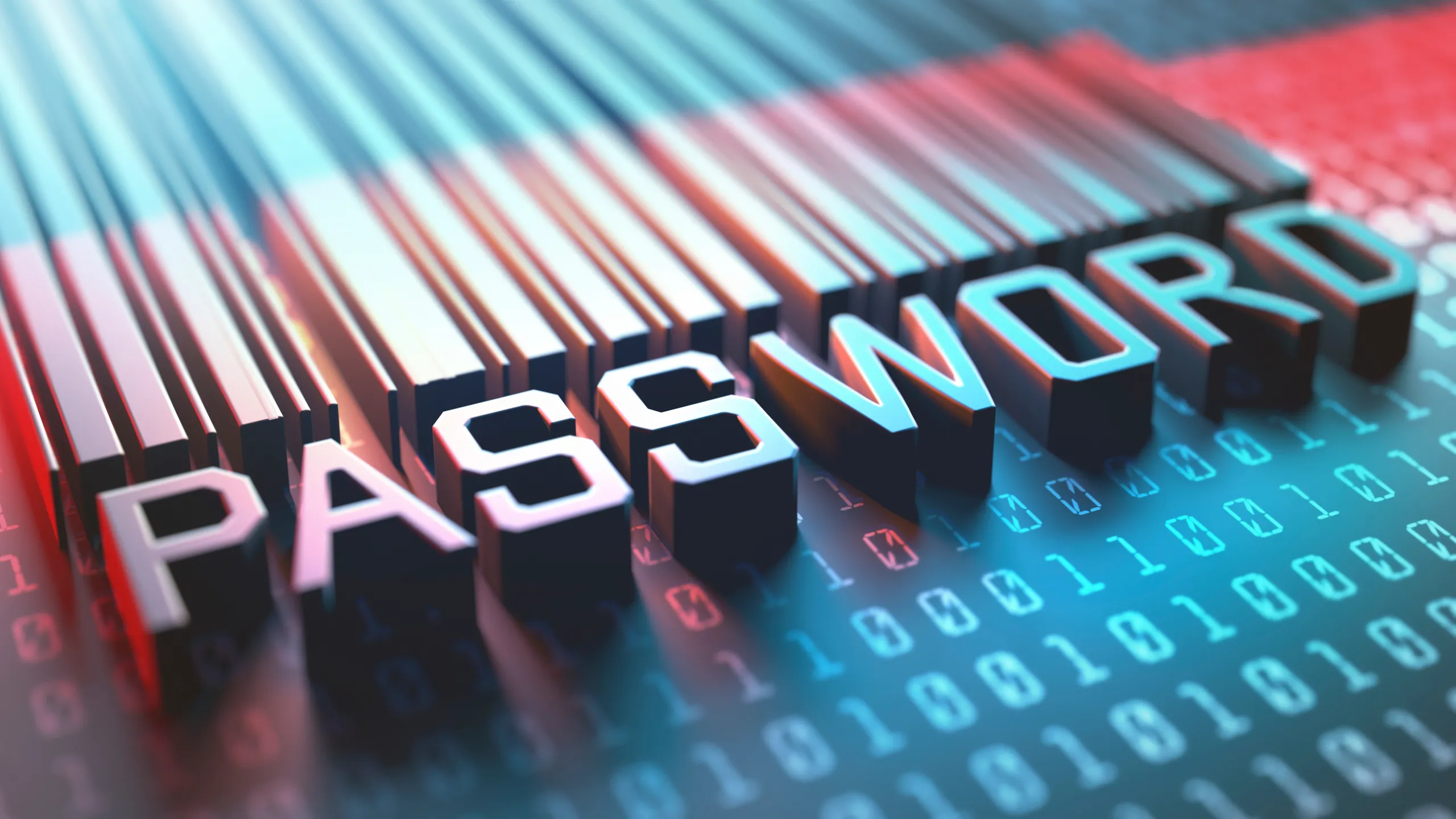 The word PASSWORD in 3D letters over binary code