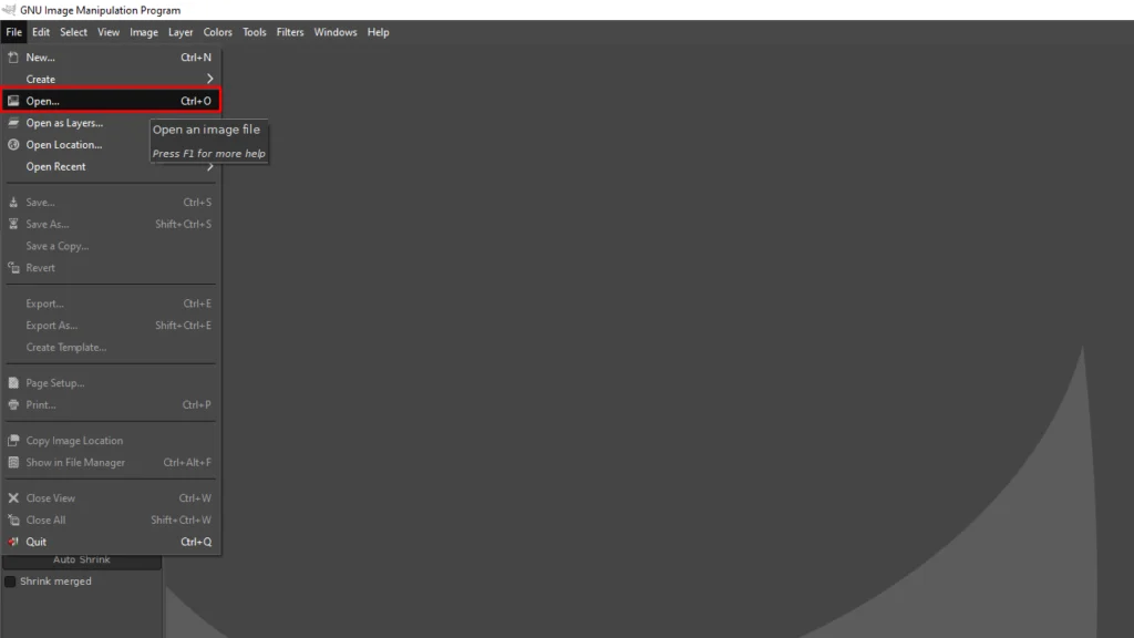 Opening an image from the File menu in GIMP