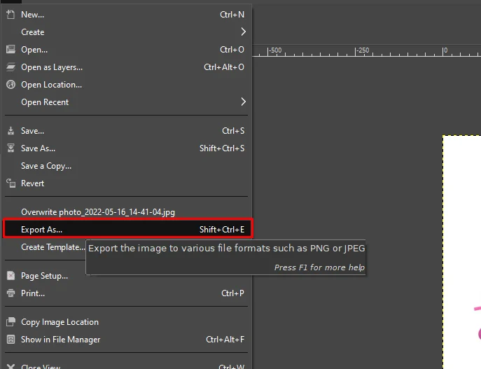 The Export As command in GIMP