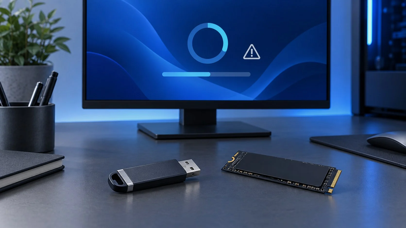 An installation USB flash drive and an SSD for diagnosing Windows installation errors