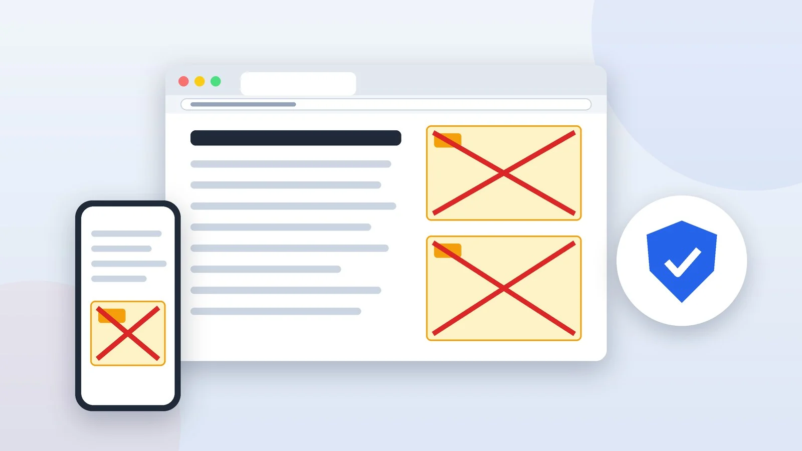 A browser window and a phone with crossed-out ad boxes and a blue shield with a check mark
