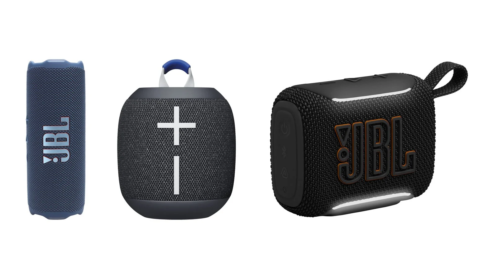 JBL Flip 7, Ultimate Ears Wonderboom 4 and JBL Go 5 portable speakers
