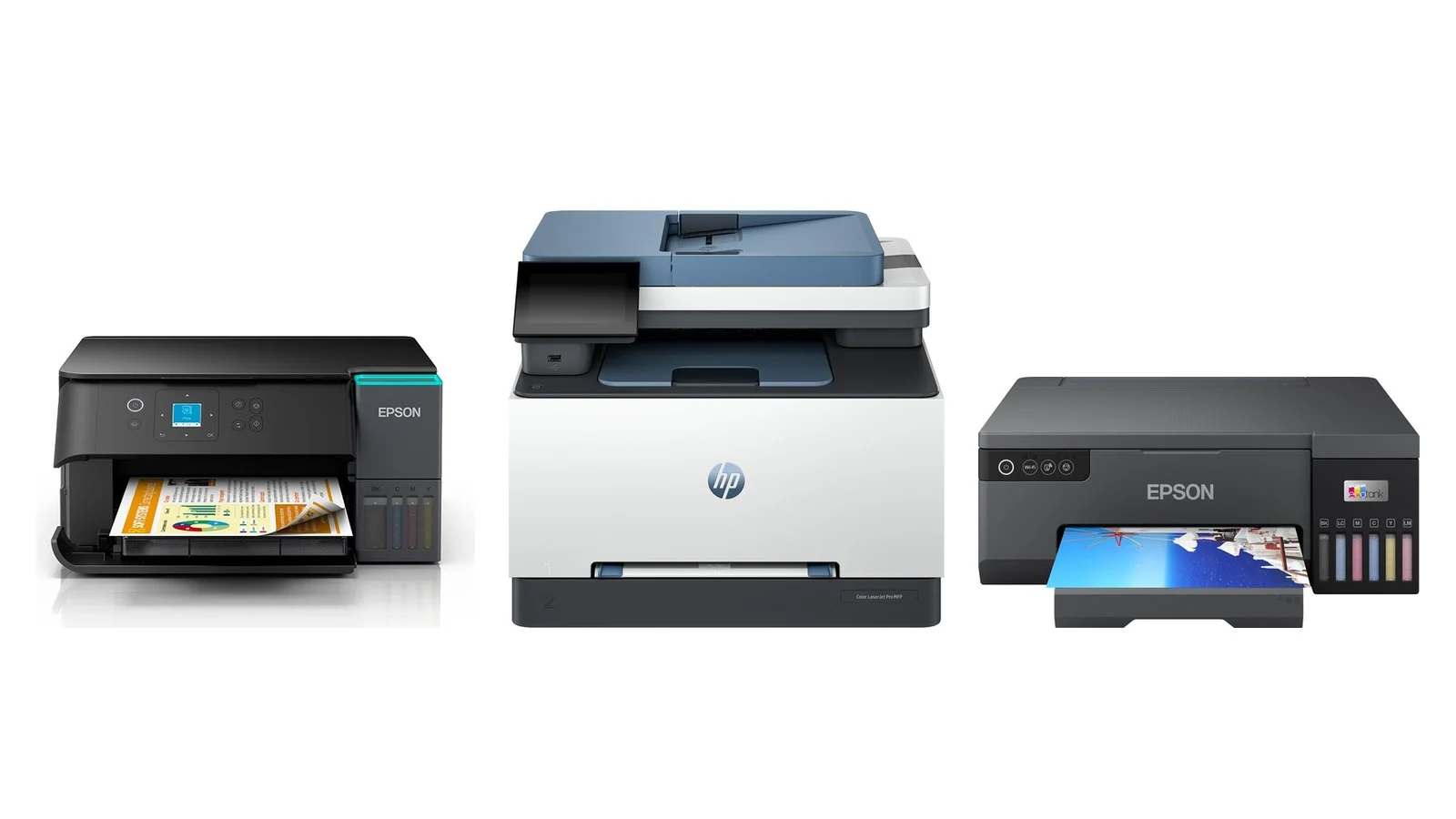 Принтеры Epson EcoTank L4360, HP Color LaserJet Pro MFP 3303fdw и Epson EcoTank L8050