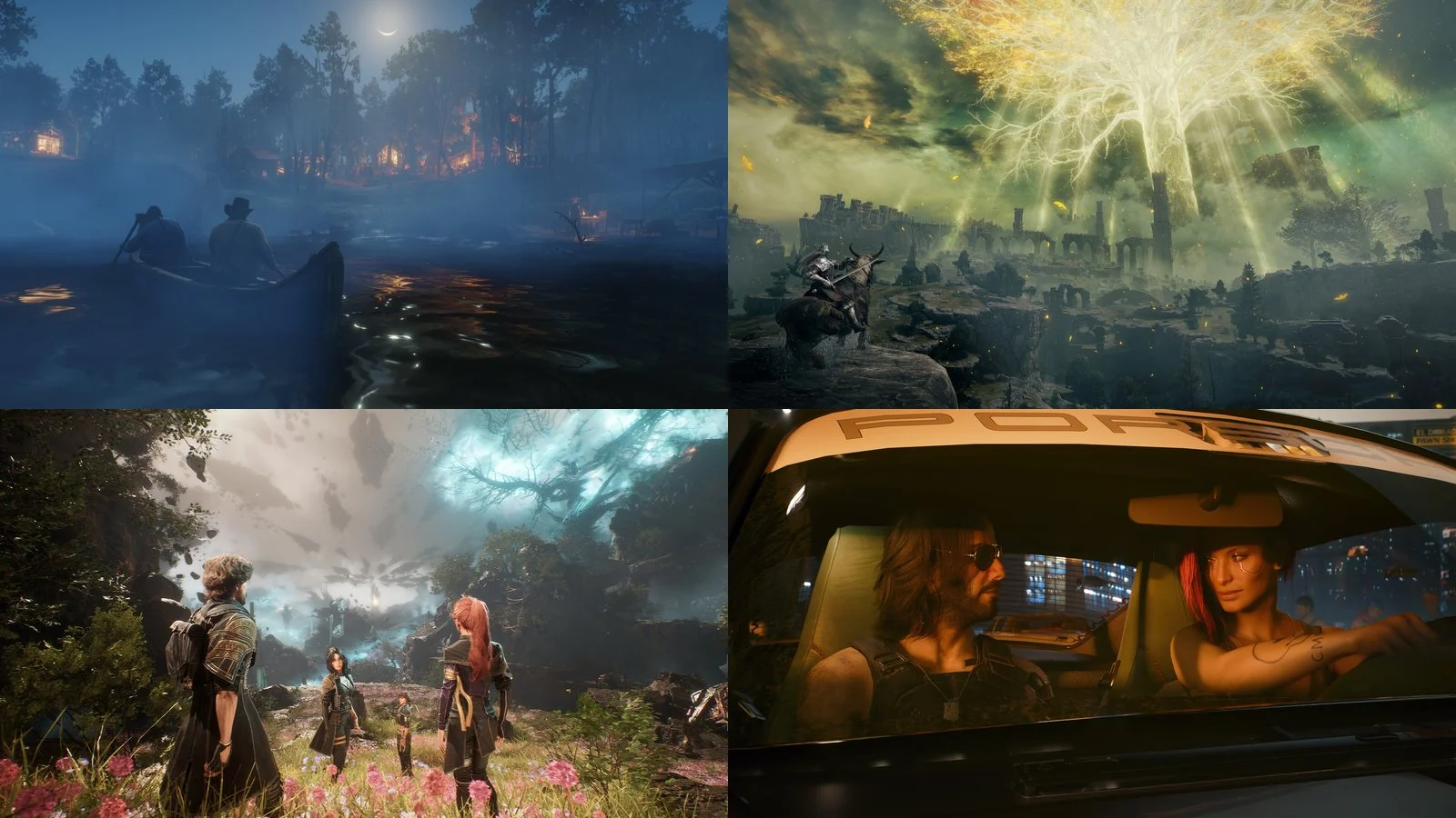 Screenshots from Red Dead Redemption 2, Elden Ring, Clair Obscur: Expedition 33 and Cyberpunk 2077