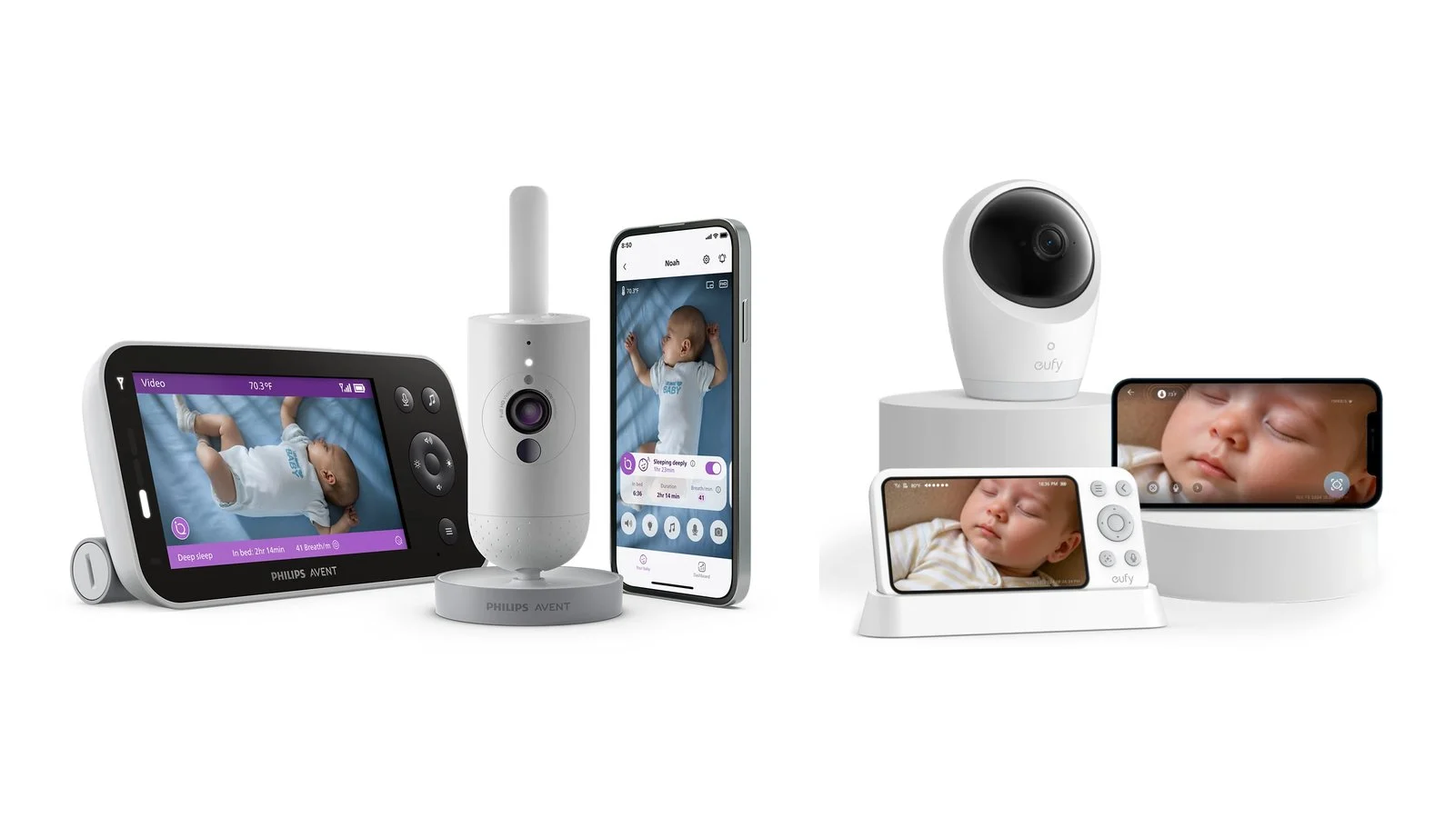 Philips Avent and eufy video baby monitors with parent units