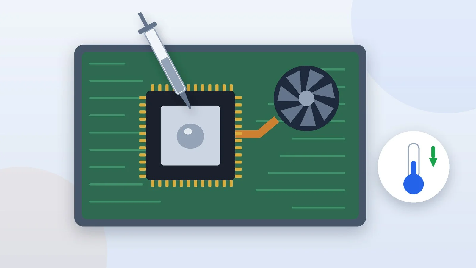 A laptop processor on the board, a thermal paste syringe, a fan and a thermometer with a downward arrow