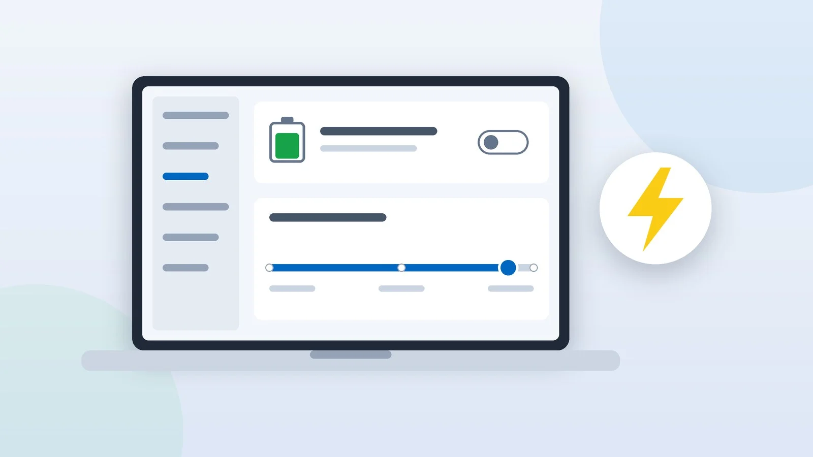 A laptop with power settings: energy saver switched off and the power mode slider