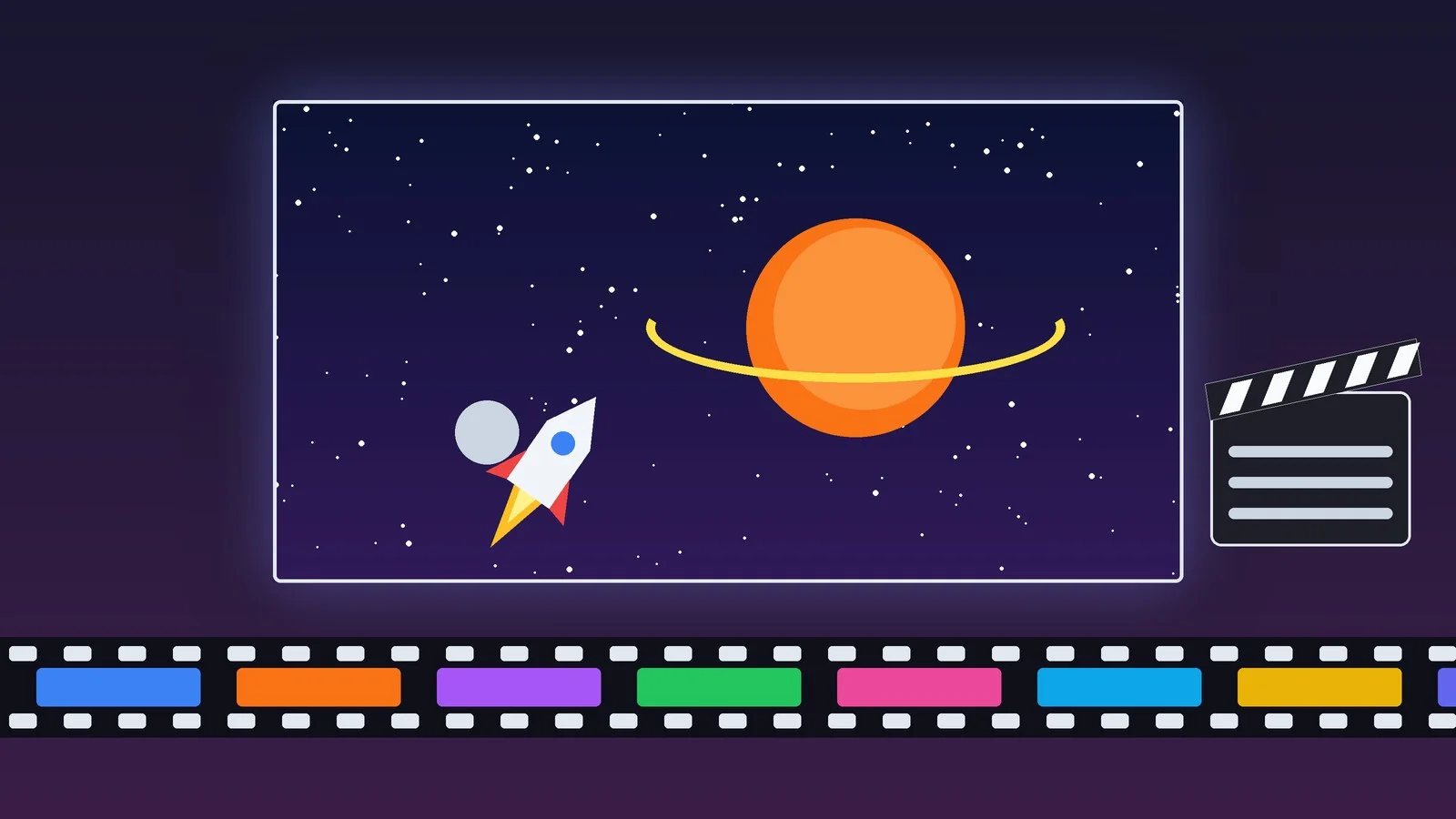 A cinema screen with a ringed planet and a rocket, a clapperboard and a film strip