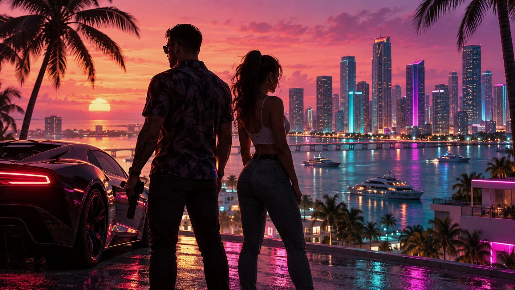 A neon-lit coastal city and characters in the style of a crime game