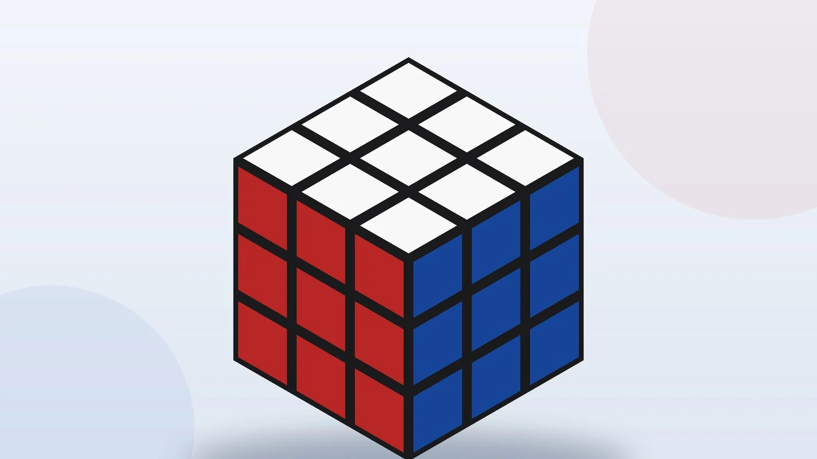 Собранный кубик Рубика 3×3: белая, красная и синяя грани