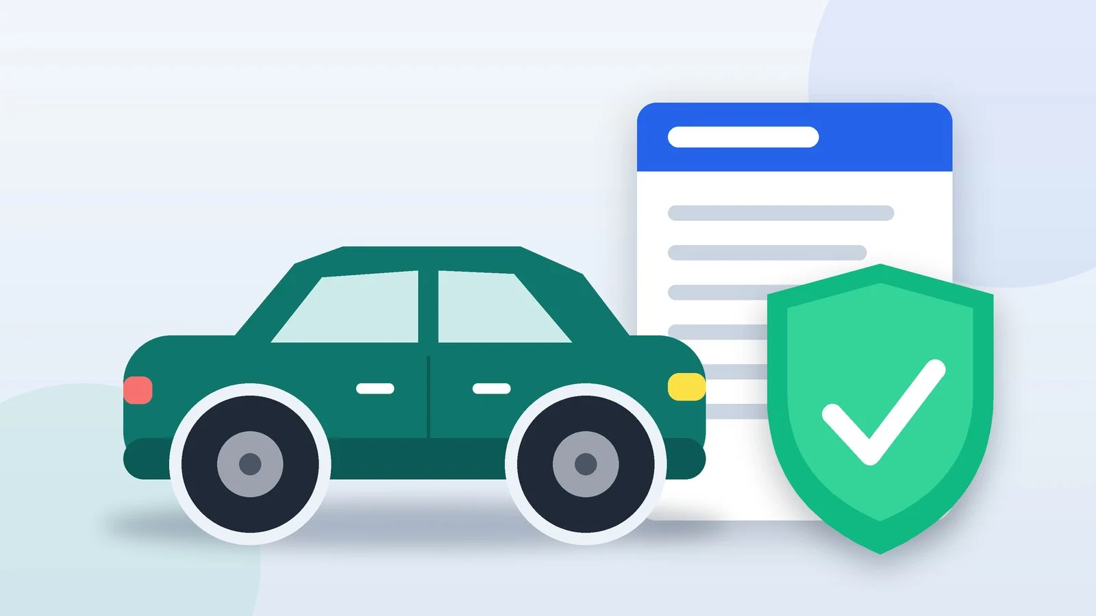 A car, an insurance policy and a shield with a check mark illustrating MTPL vs CASCO