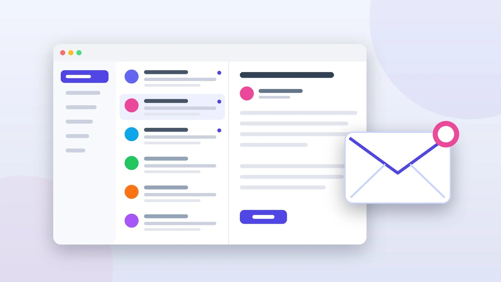 A mail app window with folders, a message list and an open email, next to an envelope