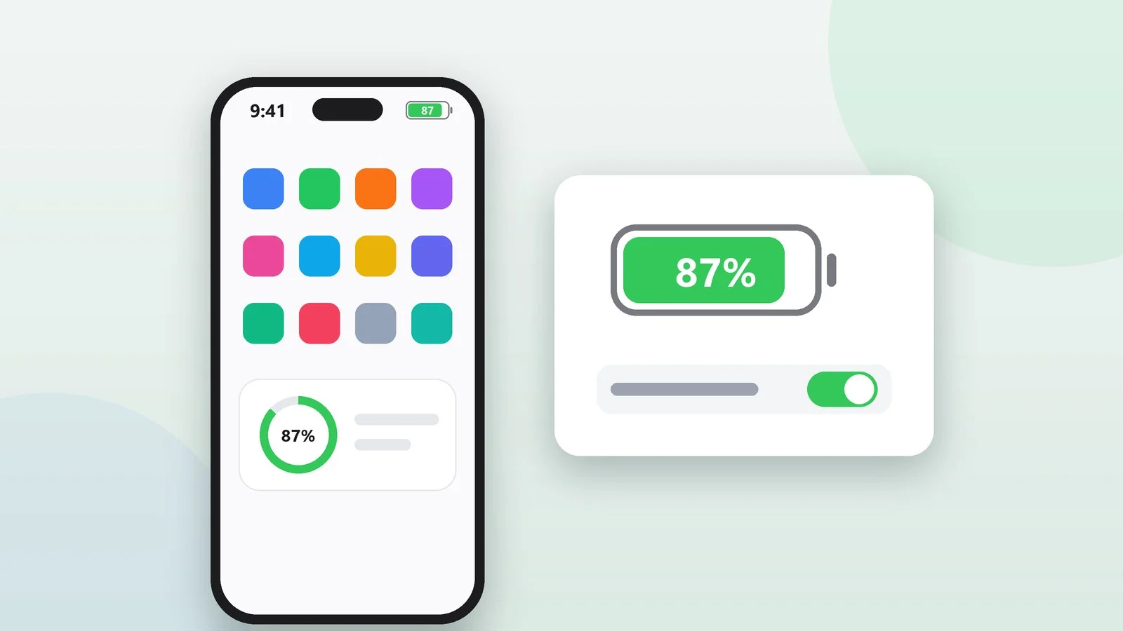 A phone with the battery percentage inside the battery icon and a switched-on Battery Percentage toggle