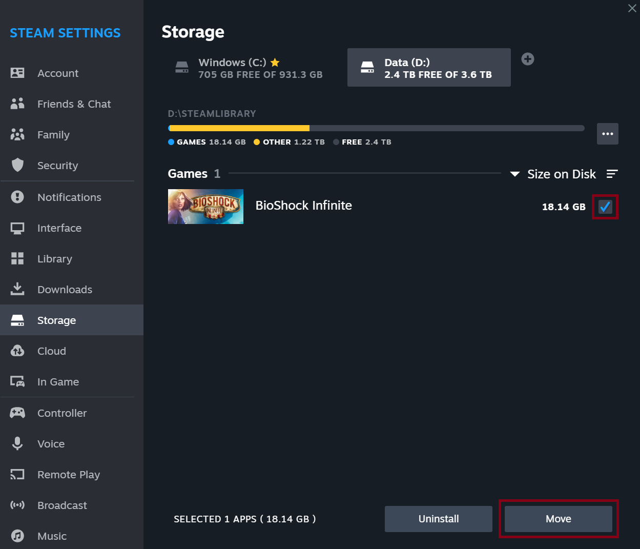 Steam: раздел Storage, выбор игры и кнопка Move