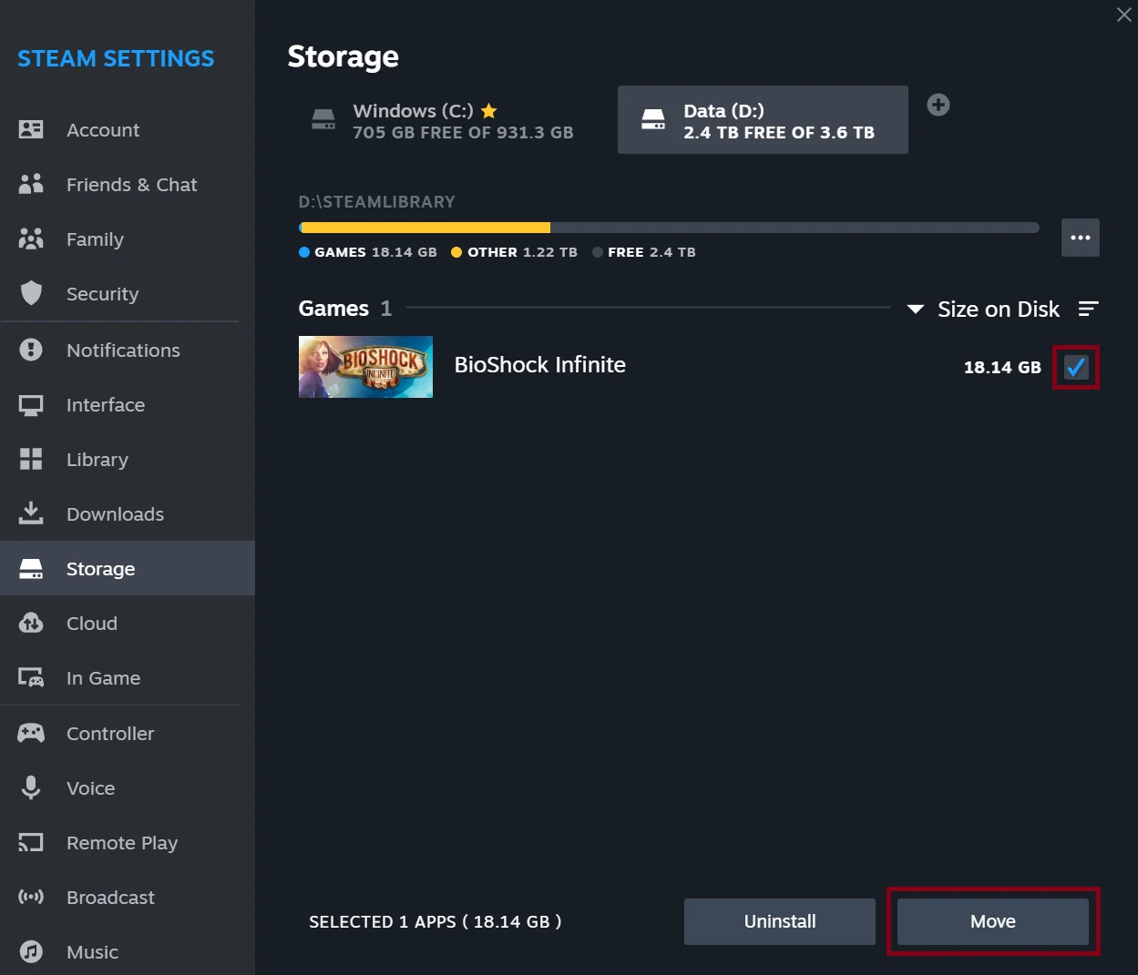 Steam: раздел Storage, выбор игры и кнопка Move