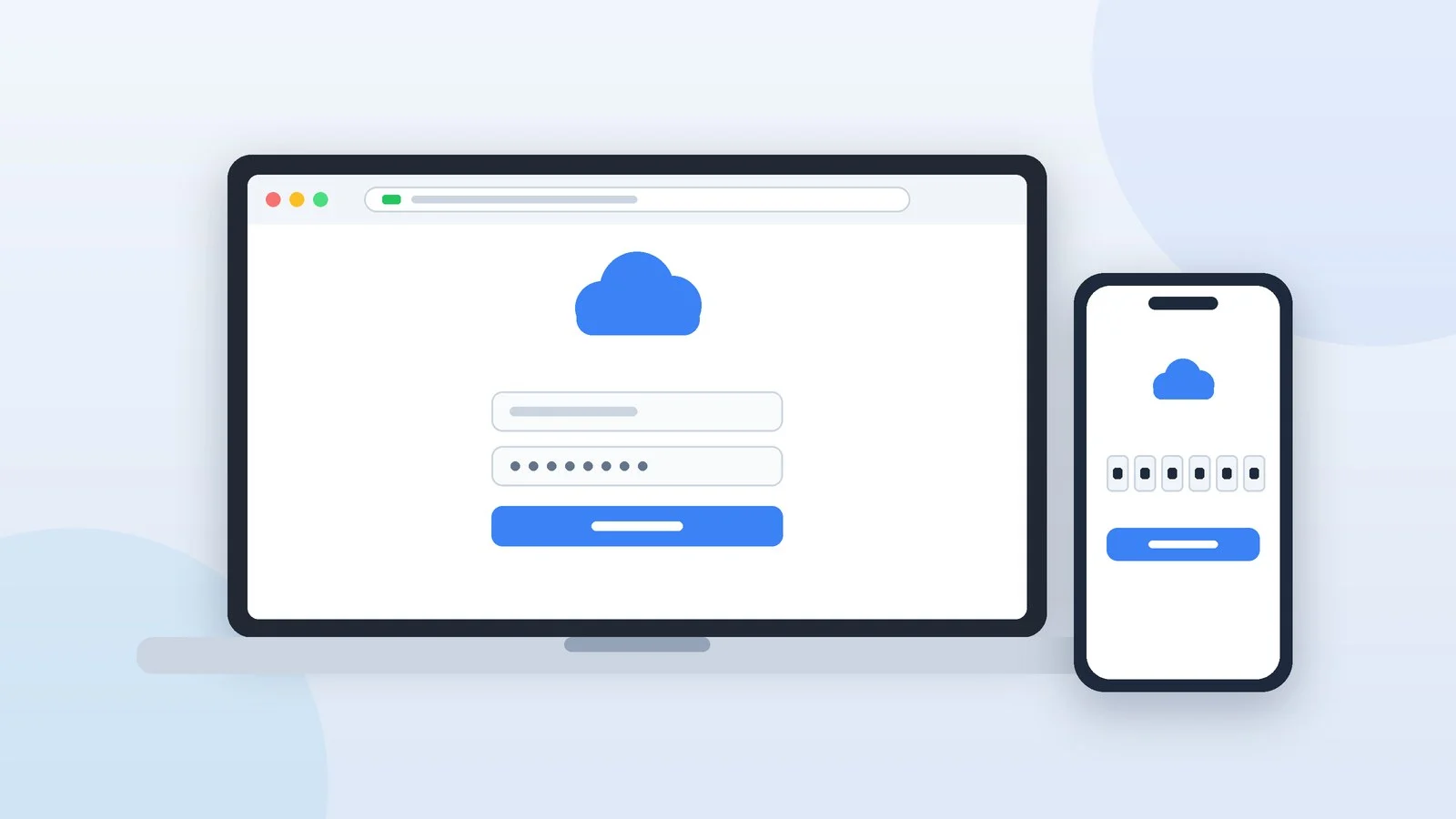 A laptop with a cloud service sign-in page and a phone showing a verification code
