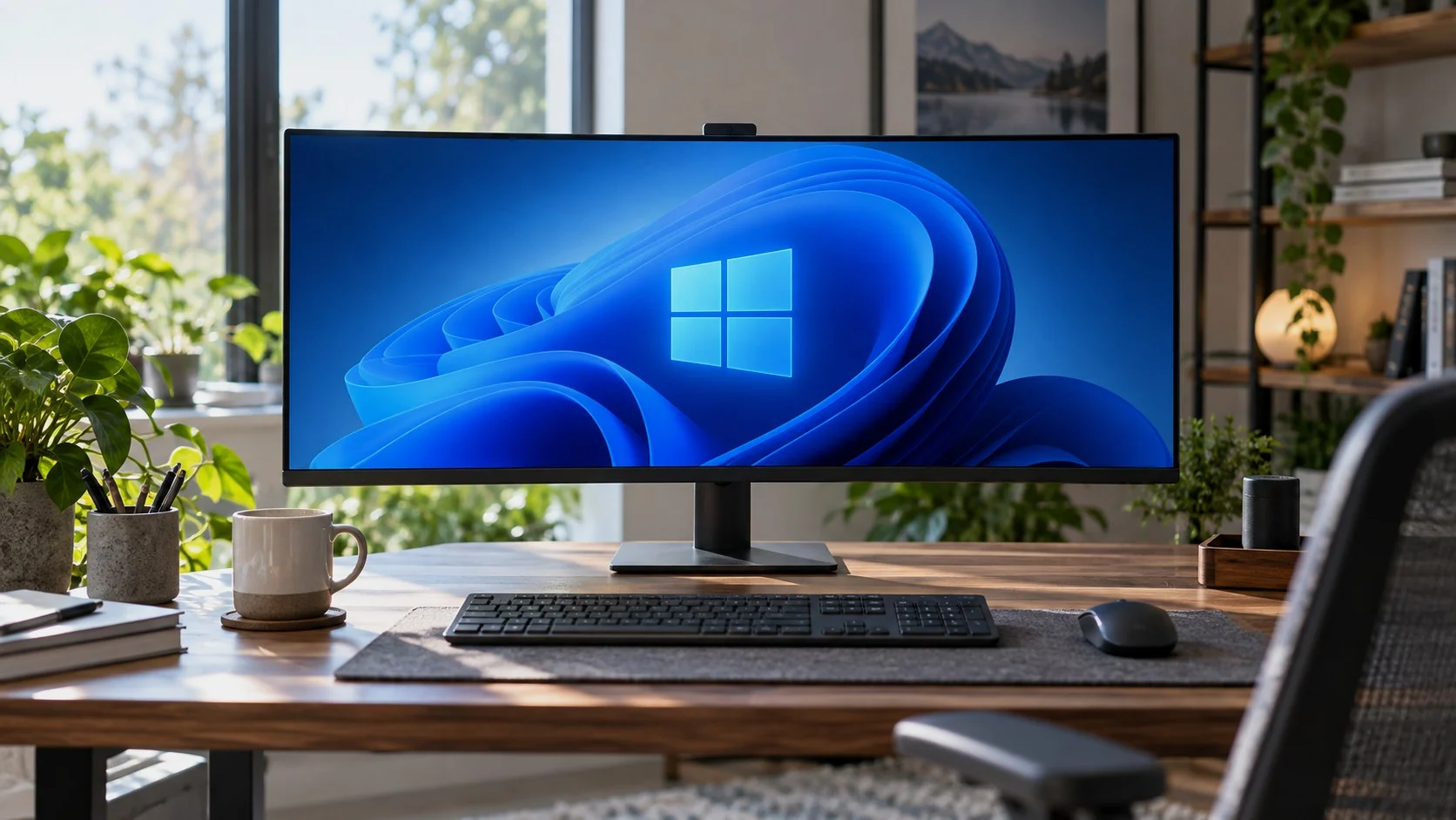Ultrawide monitor showing the Windows 11 wallpaper on a desk