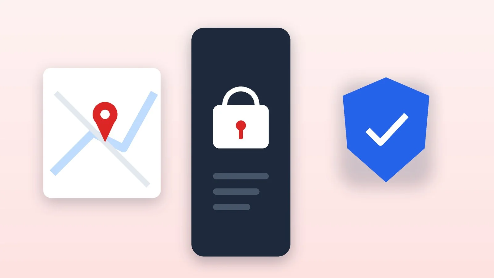 A locked smartphone, a map with a location pin and a shield with a check mark