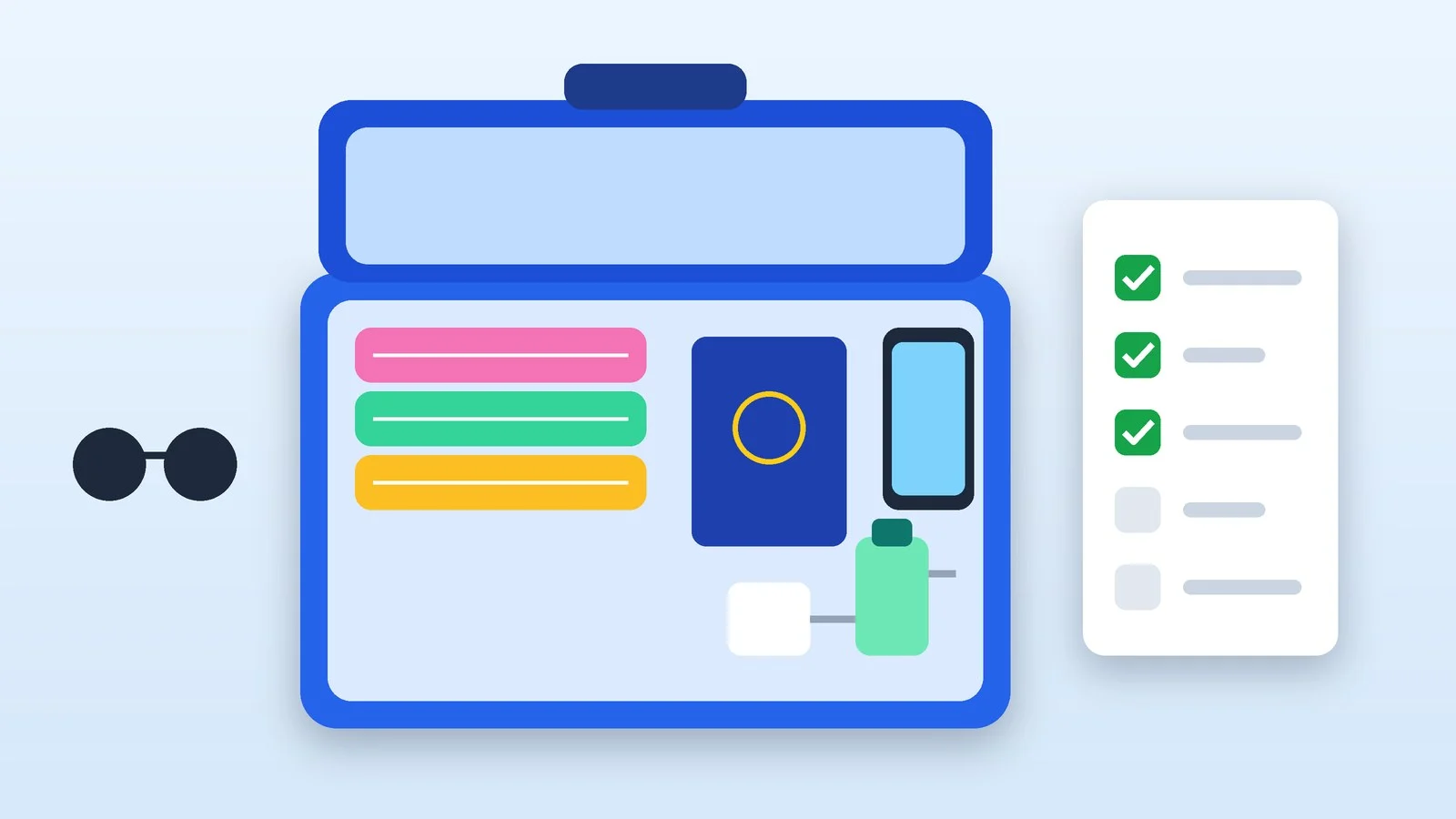 An open suitcase with clothes, a passport, a phone and a charger, next to a ticked checklist and sunglasses