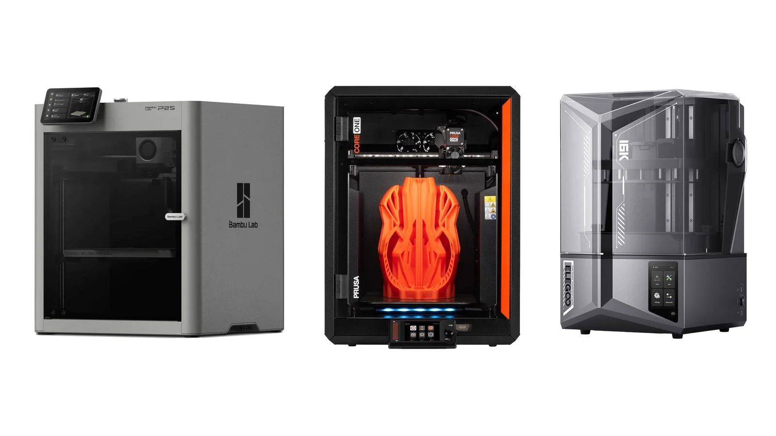 3D-принтери Bambu Lab P2S, Prusa CORE One+ і Elegoo Saturn 4 Ultra 16K