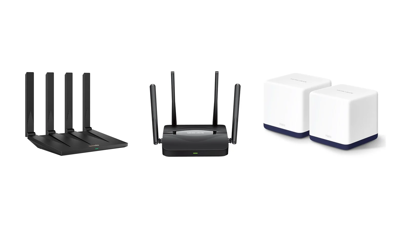 Tenda AX12 Pro and Mercusys MR25BE Wi-Fi routers and the Mercusys Halo H50G mesh system
