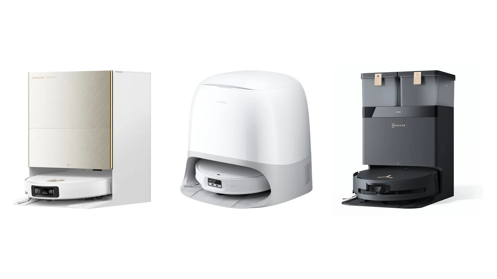 Dreame X60 Ultra Complete, Roborock Qrevo Curv 2 Pro and Ecovacs Deebot X8 Pro Omni robot vacuums with their docks