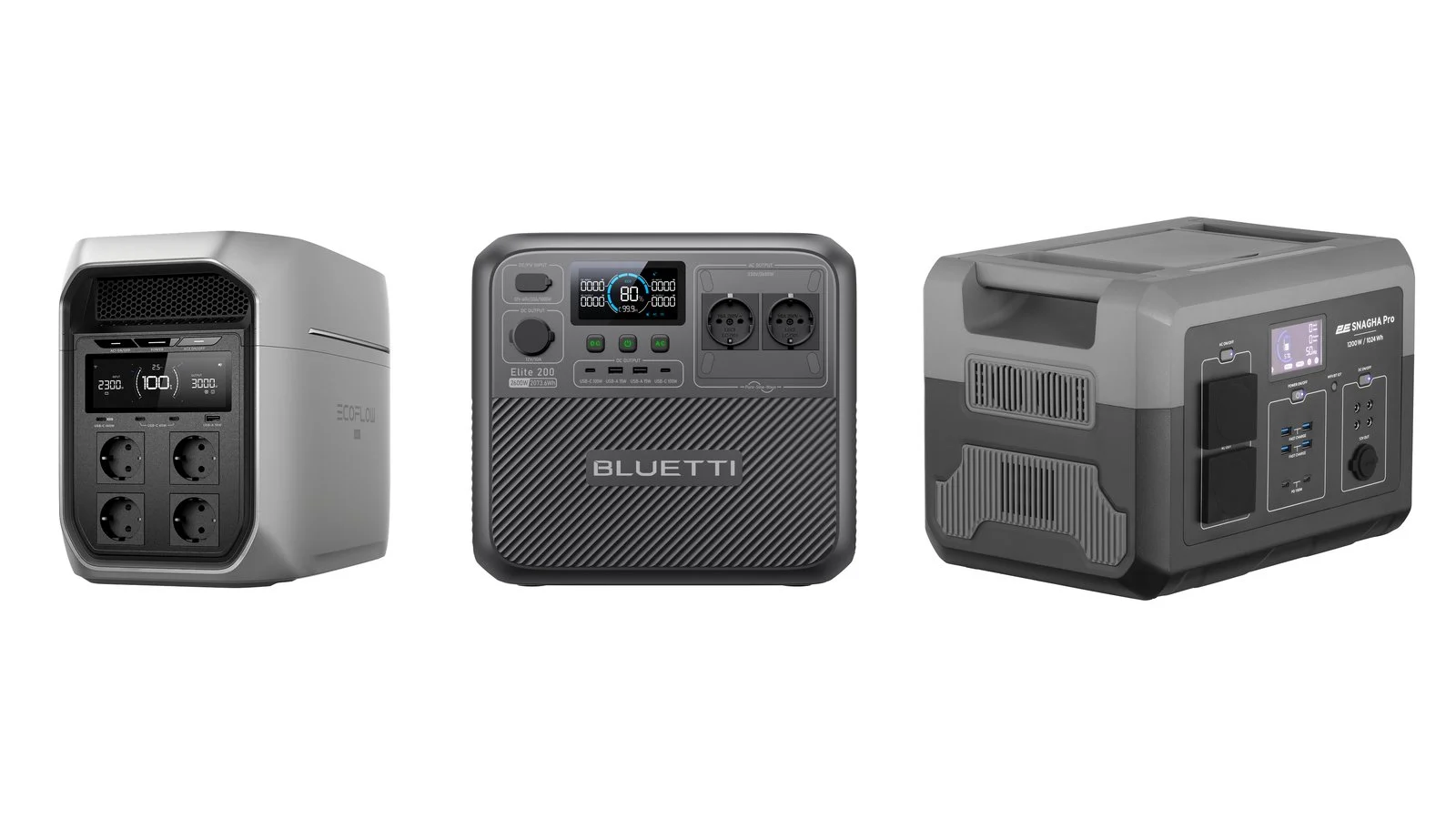 EcoFlow DELTA 3 Max Plus, Bluetti Elite 200 V2 and 2E Snagha PRO power stations