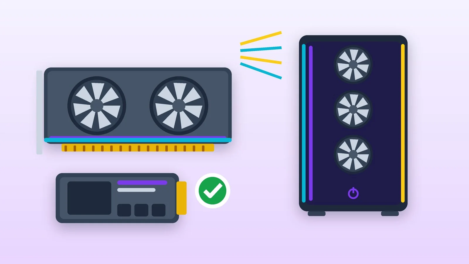 Flat illustration of a gaming laptop with neon edge lighting and a graphics card icon on a dark background