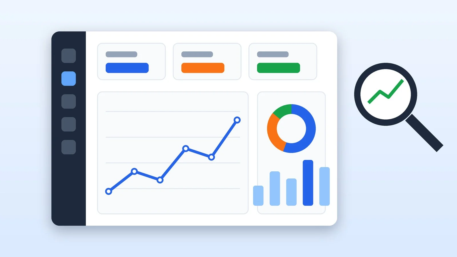 A web analytics dashboard with metric tiles, a traffic chart, pie and bar charts and a magnifying glass