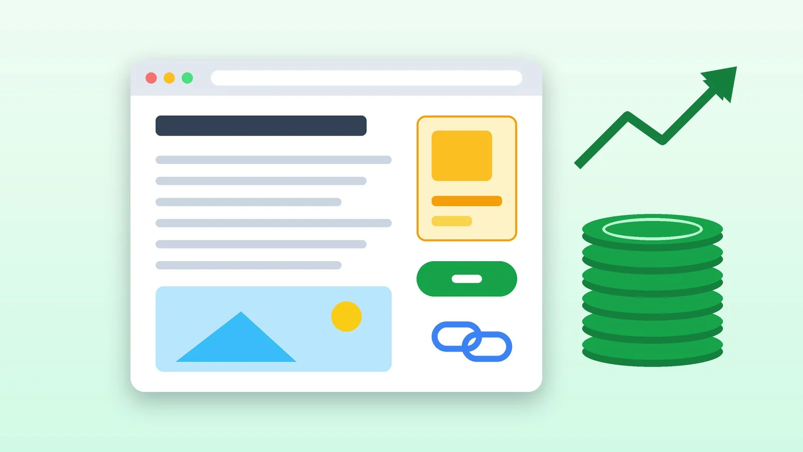 A web page with an ad block, a subscribe button and an affiliate link, a stack of coins and a rising chart