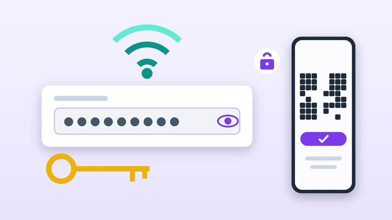 Поле ввода пароля с точками и значком глаза, значок Wi-Fi, золотой ключ и смартфон с QR-кодом