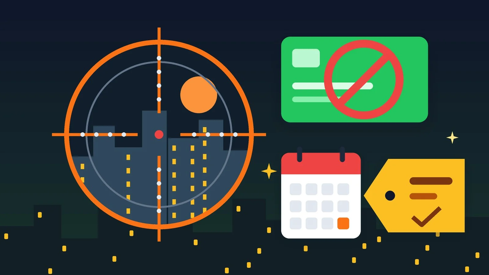 Flat illustration of a crosshair and a purchase badge on a dark background, with a crossed-out subscription card beside them