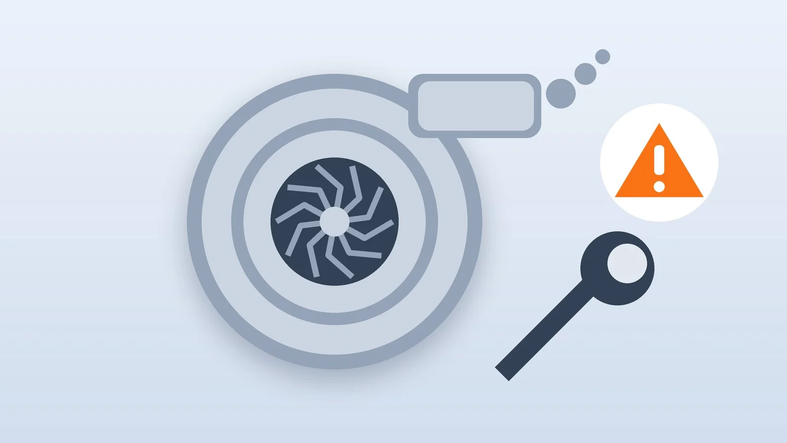 A turbocharger with its compressor wheel, a warning sign and a wrench