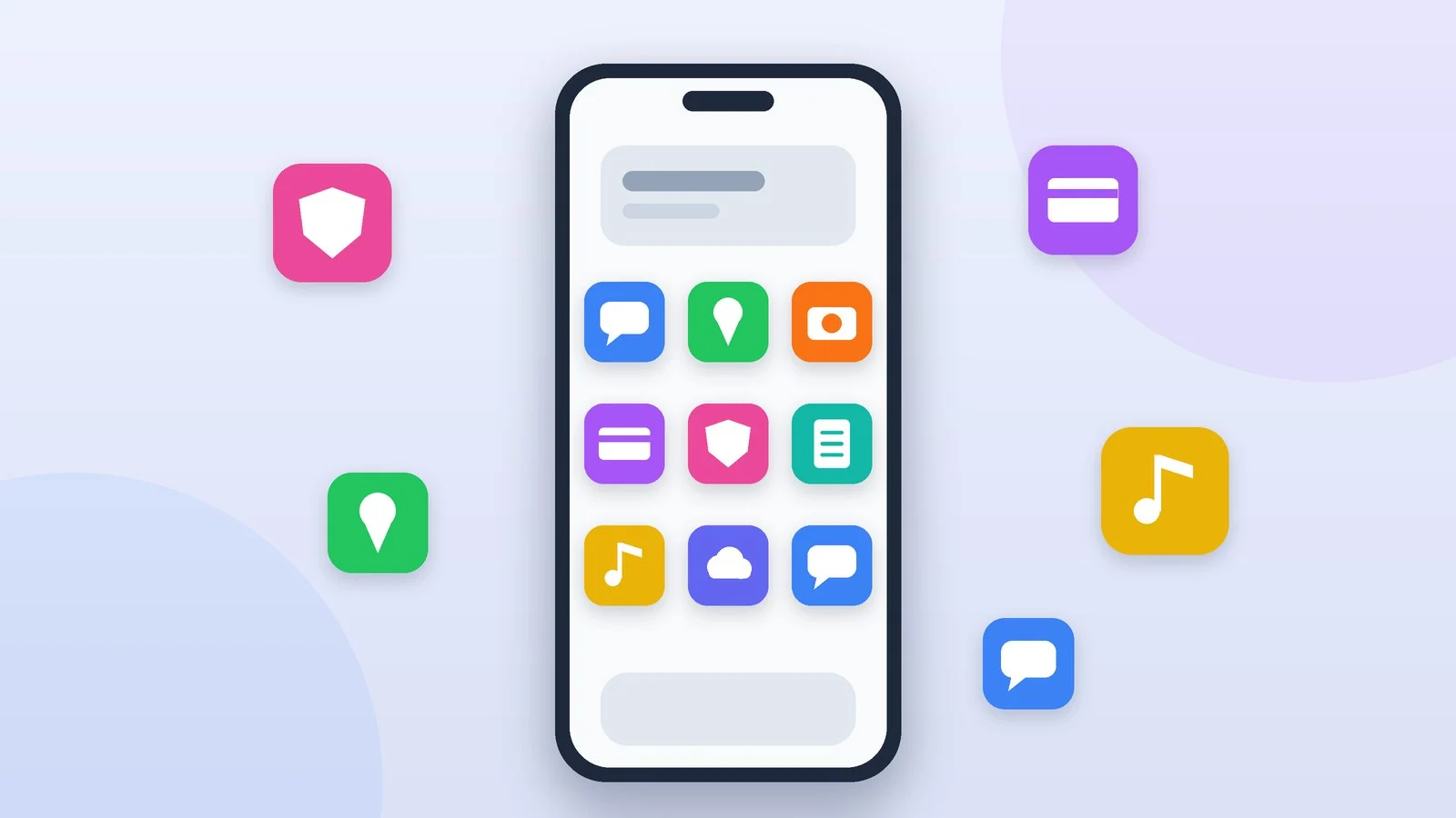 A smartphone with a grid of colorful app icons and a few icons around it