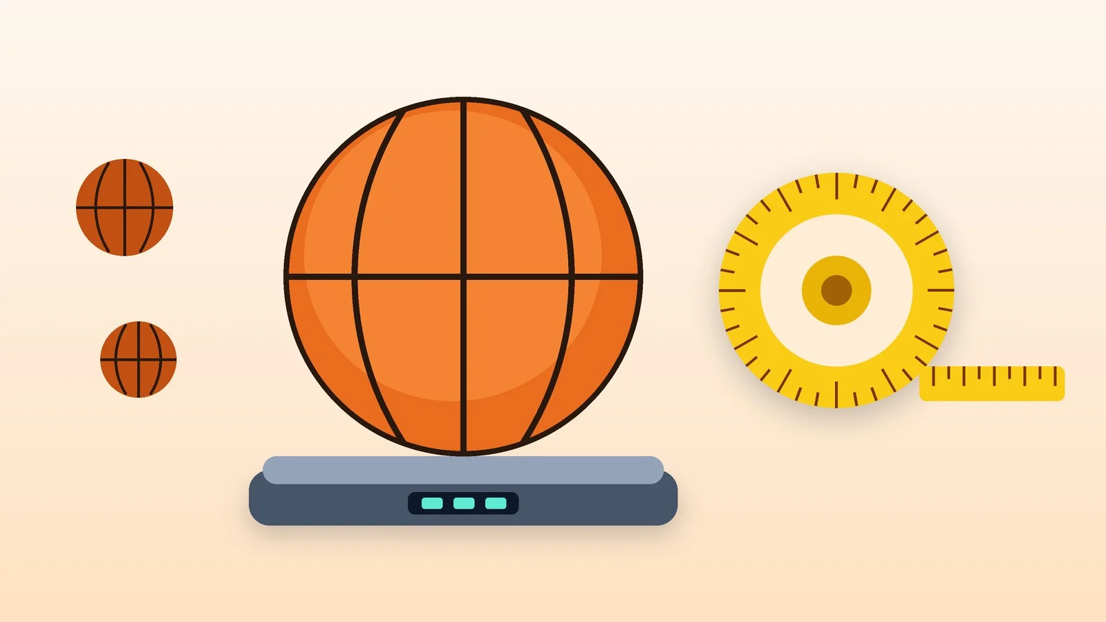 A basketball on a scale and a tape measure for checking its circumference