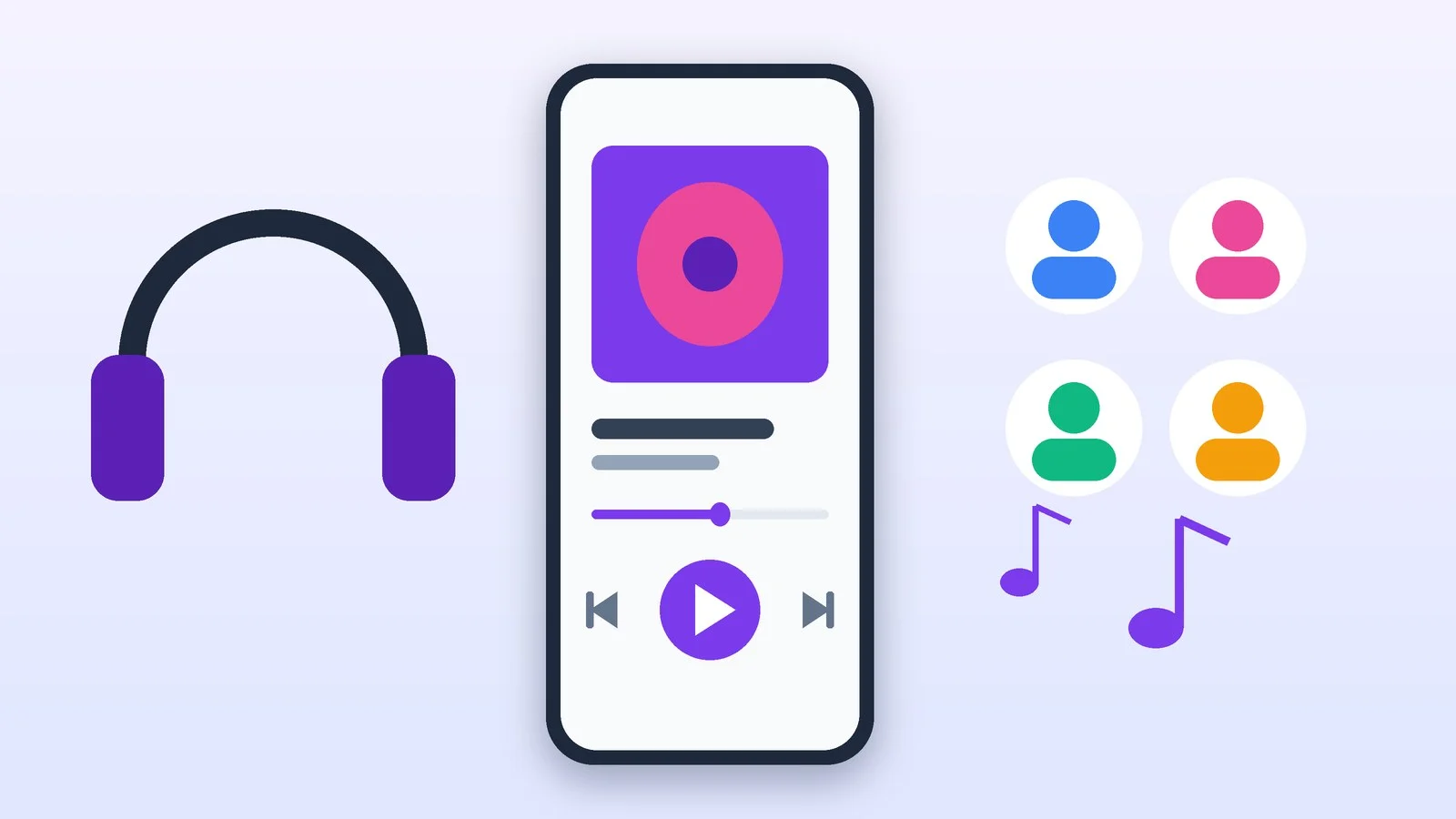 A music player on a smartphone, headphones and the profiles of family plan members