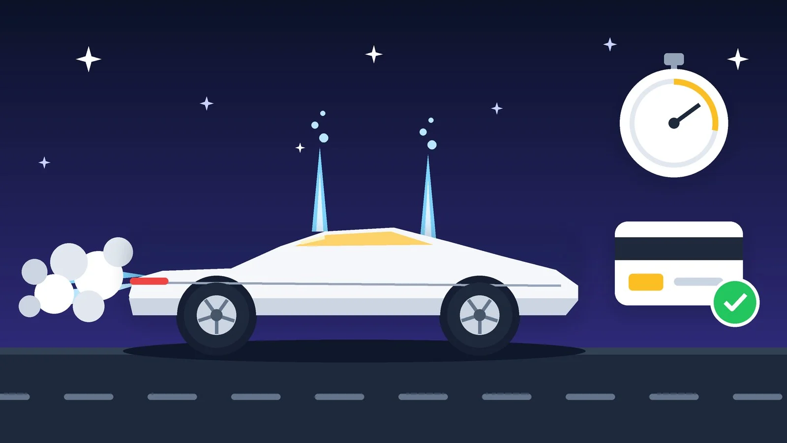 Flat illustration of a white sports car with gas clouds from its thrusters and a reservation badge