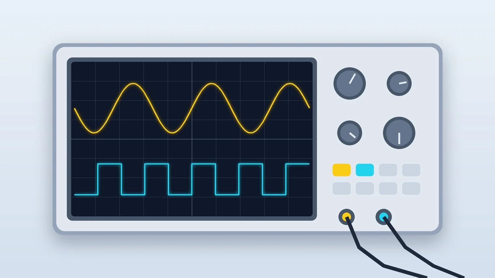 A benchtop digital oscilloscope showing a sine wave and a square wave, with two probes