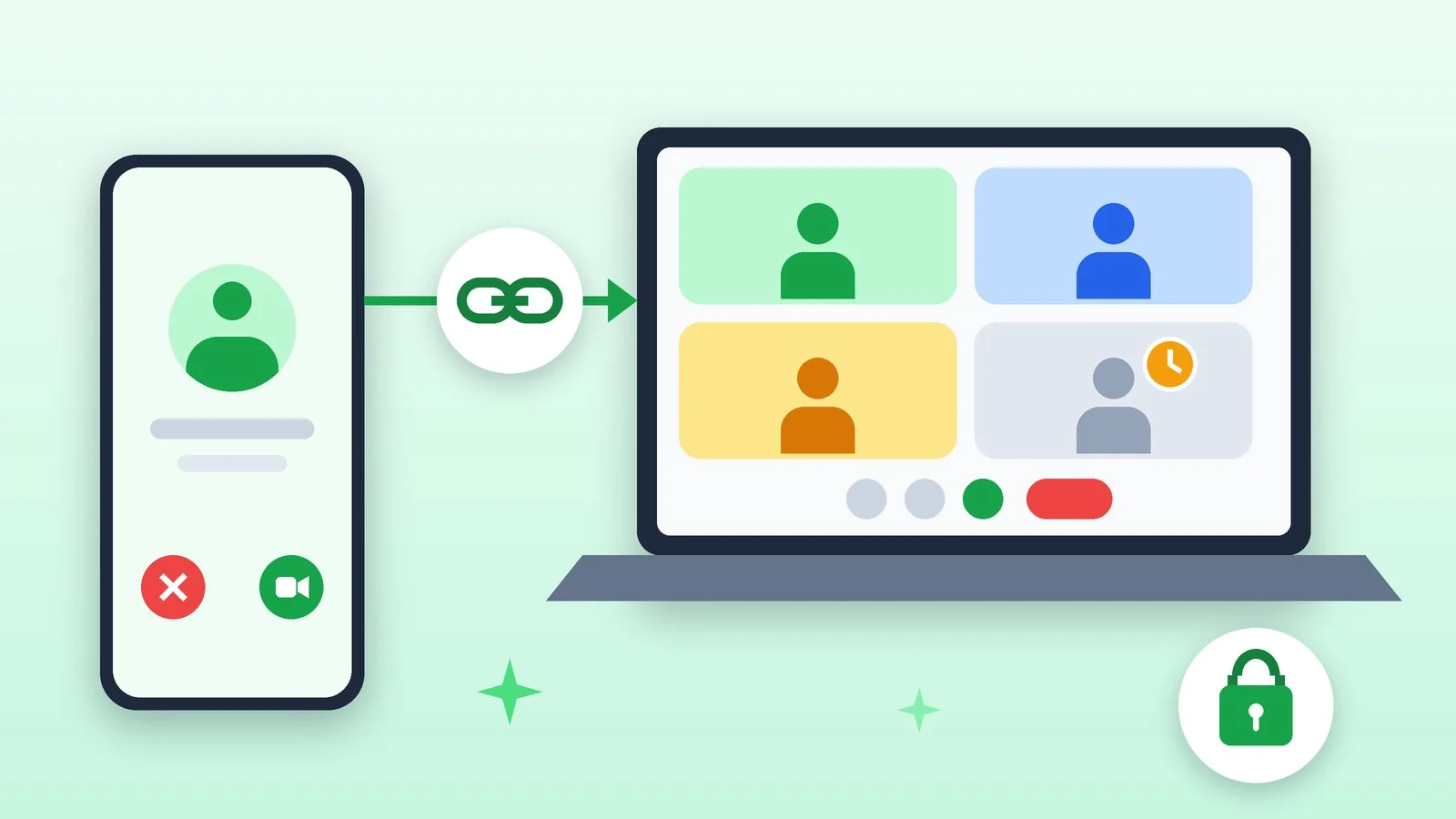 Обложка новости о гостевых звонках в WhatsApp: ноутбук с сеткой видеозвонка, телефон и значок ссылки