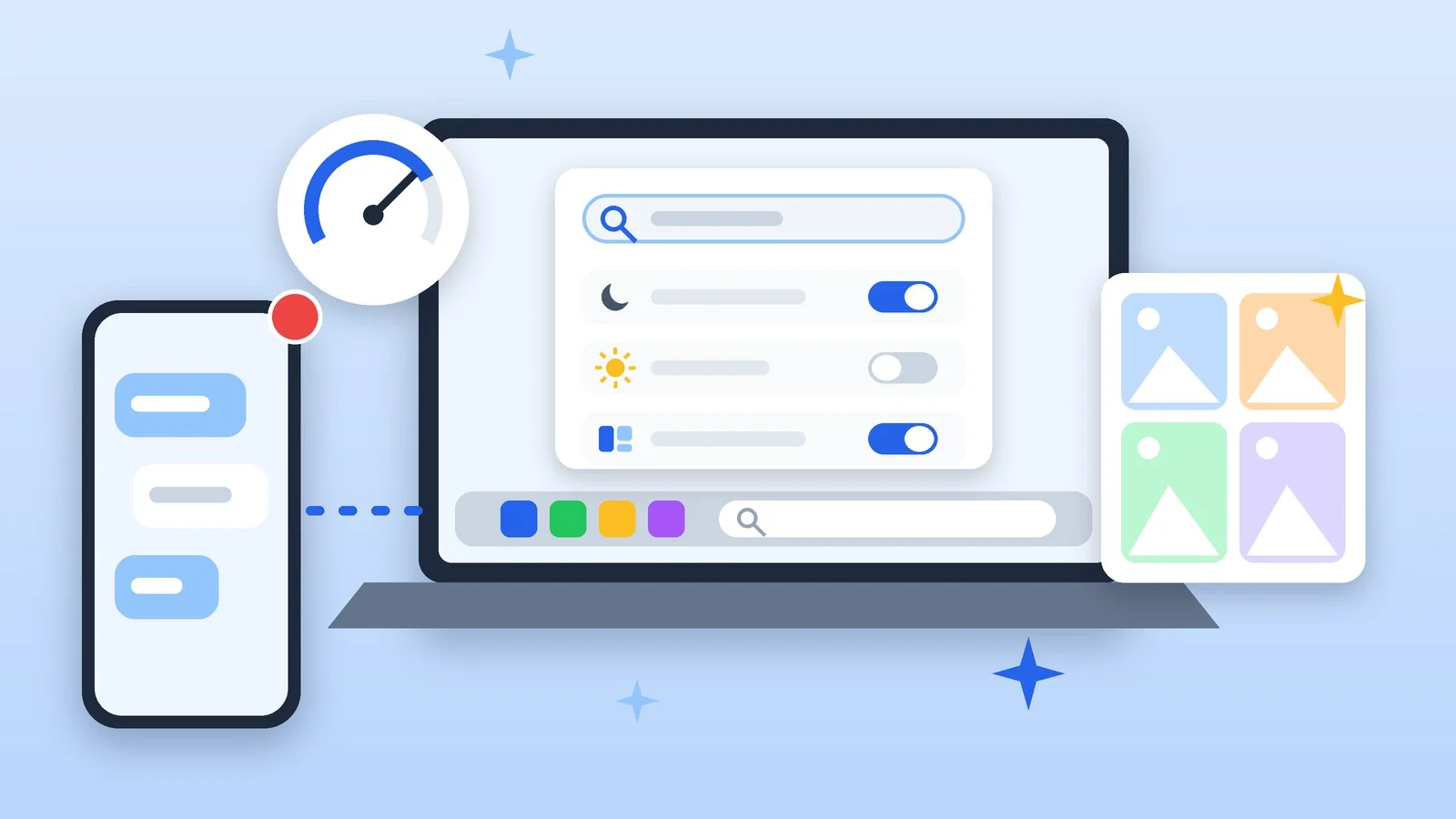 Flat illustration of a Windows 11 update: a search window with actions, a photo gallery, and a laptop linked to a phone